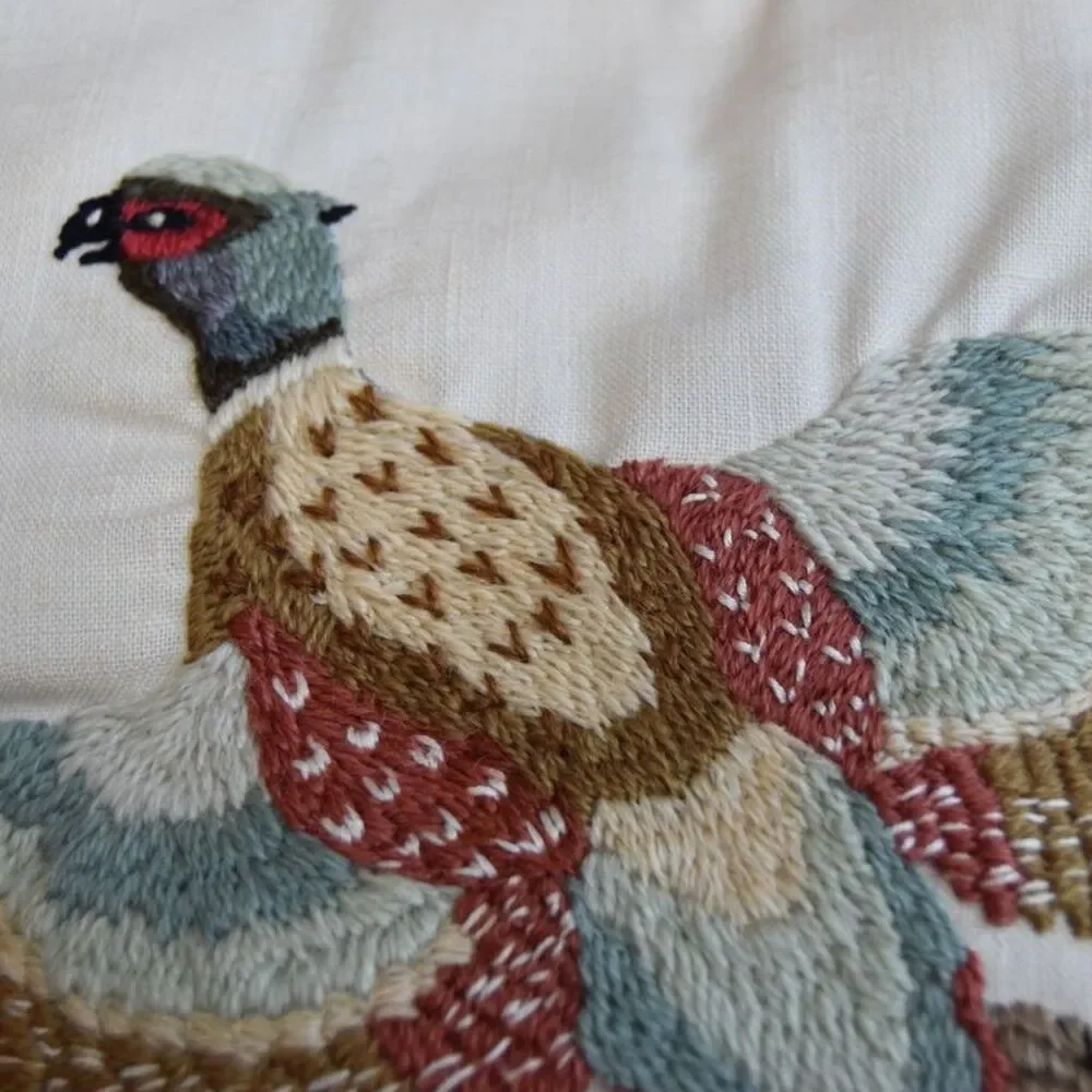 Vintage 1970s Crewel Embroidered Pheasant Pillow Cover Cabin Lodge Decor 15.5”